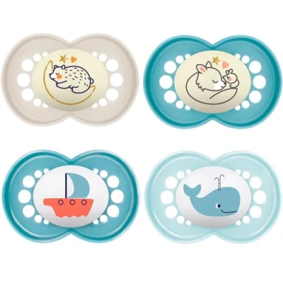 Image of MAM SkinSoft Silicone Unisex Soothers 16 + months Day &amp; Night , 4 pieces, 2 travel boxes
