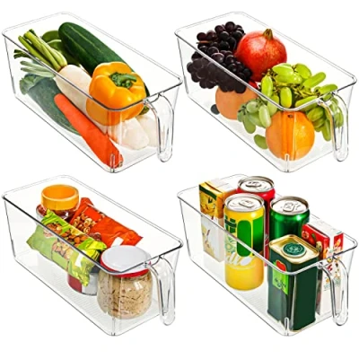 Image of Kurtzy Kitchen Fridge &amp; Cupboard Storage Containers with Handles (4 Pack) 31.2cm/12.28 Inches Overall Length Clear Plastic Refrigerator Tubs for Bathroom, Pantry, Drawer, Freezer and Home