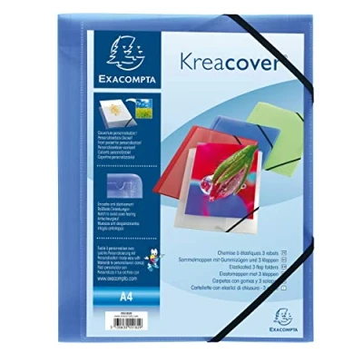 Image of Exacompta Ref. 55182E Pack of 5 Kreacover elastic folders pockets with 3 flaps in translucent polypropylene dimensions 24 x 32 cm for A4 format documents blue color