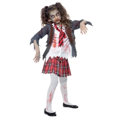 Image of Smiffys Zombie School Girl Costume, Grey with Skirt, Jacket, Mock Shirt &amp; Tie, Halloween Child Fancy Dress, Dress Up Costumes