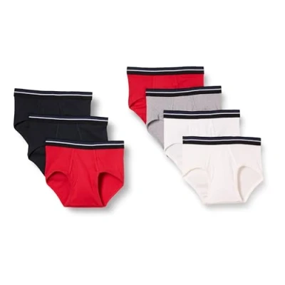 Image of Amazon Essentials Men&#039;s Tag Free Cotton Briefs Underwear, Pack of 7, Grey/Red/White, S