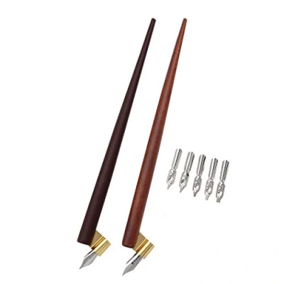 Image of SIPLIV Professional Manga Gothic Pen Dip Calligraphy Drawing Kit, 2 Holders Handles, 7 Nibs (2 Fountain Nib, 5 Flat Nib) Brown Wood and Redwood