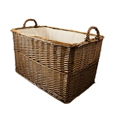 Image of Arthur Cameron Deluxe Rectangular Wicker Log Basket with Lining and Handles (Large, Distilled Brown)