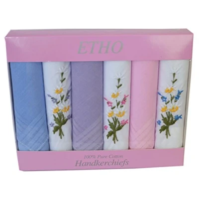 Image of 6 Ladies And Embroidered Boxed Handkerchiefs 100% Cotton, 40cm x 40cm, Dyed