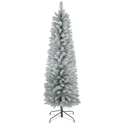 Image of HOMCOM 5ft Artificial Pencil Christmas Tree with 263 Snow Flocked Branches, Metal Base, Realistic Xmas Tree, Green