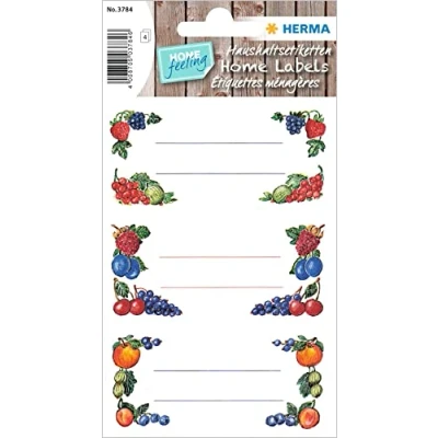 Image of HERMA 3784 Preserving Labels for Jam, 76 x 35 mm, Self Adhesive Household in Fruit Design and Spice Jars, 12 Kitchen Stickers