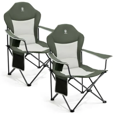 Image of EVER ADVANCED Camping Chairs for Adults Set of 2 Supports 160kg Heavy People Folding Chair Luxury Outdoor with High Back &amp; Cup Holder Side Pockets Fold Up Padded Green
