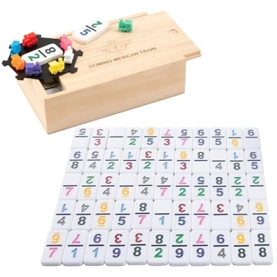 Image of Engelhart 250126 Mexican Train Dominoes Set D9 Premium Quality 55 Thick 8mm + 8 Colorful Trains Numbers Version 2 to 4 Players