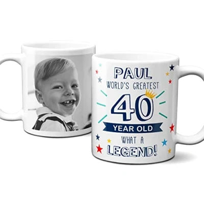 Image of Personalised World’s Greatest Age 40 Mug, 40th Birthday, Photo mug for year old man, cup gift old. Add Name and