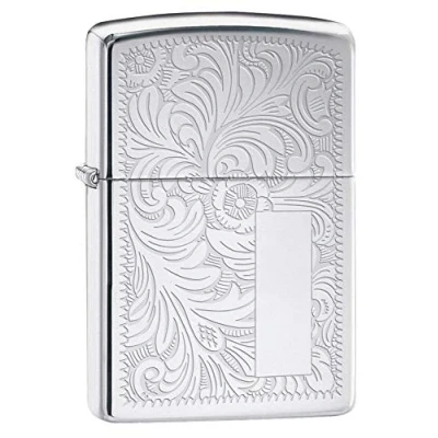 Image of Zippo Windproof Lighter Venetian High Polish Chrome Refillable for Lifetime Use Adjustable Flame Gift Box Metal Construction Made in USA