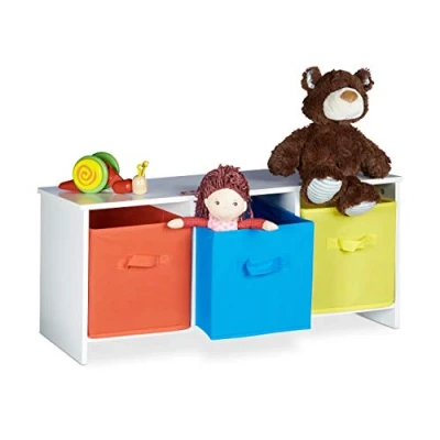 Image of Relaxdays Children&#039;s Storage Bench ALBUS, Colourful Fabric Baskets, Toy Box with Seat, Folding Cloth Compartments, Storage, Size: 35.5 x 81 29 cm, White
