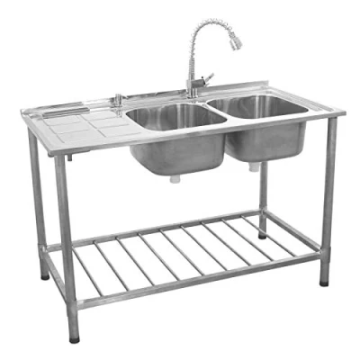 Image of Commercial Sink Kitchen Catering Stainless Steel Wash Basin Double Bowl With Left Hand Drainer And Storage Shelf Hygienic Bowls Restaurant Cafe