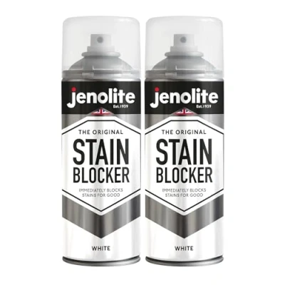 Image of JENOLITE Stain Blocker Paint WHITE 2x400ml Damp Seal Block Spray &amp; Anti Mould For Walls Ceilings Immediately Stains, Mildew