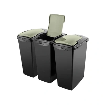 Image of Addis Recycling 40 litre waste kitchen plastic bins, Set of 3, modular system with lift lids, Black delicate Sage Green