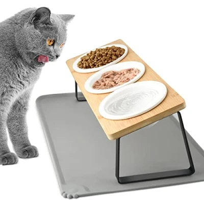 Image of Otoomenz Cat Bowl, Ceramic Food Bowls with 15 Tilted Wood Stand,Raised for and Water, Bamboo Feeding Station Mat Cats Puppy (3 Stand)