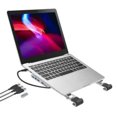 Image of Properav Portable Aluminium Laptop Stand with Integrated 100W PD USB C Charging Hub inc 4 x USA A Ports for Dell, Toshiba, HP, Samsung, MacBook, Lenovo
