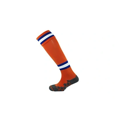 Image of Mitre Junior Division Tech Football Socks Long Sport Sock Lightweight Breathable Mesh, Tangerine/Royal Blue/White, Mini (12 UK Child 2 UK)