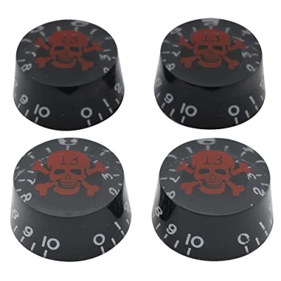 Image of Musiclily Basic Metric Speed Knobs Tone Volume Control for Epiphone Les Paul SG Electric Guitar, Black with Red Skull Logo (Set of 4)