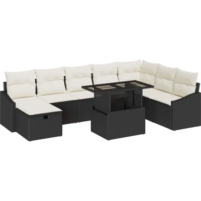 Image of vidaXL 9 Piece Garden Sofa Set with Cushions Black Poly Rattan