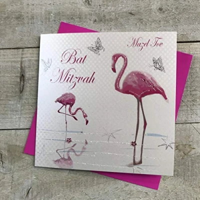 Image of WHITE COTTON CARDS Bat Mitzvah Mazel Tov Flamingo&#039;s Handmade Jewish Card, JEBD81