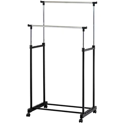 Image of Double Adjustable Height Garment Clothes Dress Coats Jackets Hanging Rail Rack Storage Display Stand on Castor Wheels with Shoe Shelf (Double Rail)