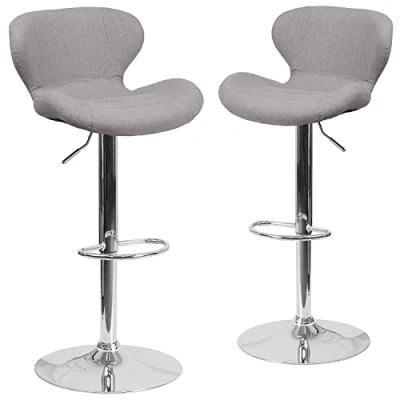 Image of Flash Furniture 2 Pack Contemporary Vinyl Adjustable Height Barstool with Curved Back and Chrome Base, Plywood, Foam, Metal, Gray Fabric, Set of
