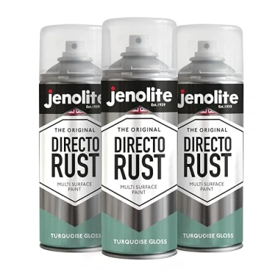 Image of JENOLITE Directorust Gloss Spray Paint TURQUOISE BLUE 3 x 400ml Direct To Rust For Metal Multi Surface Wood, Metal, Plastic, Ceramic RAL 6024