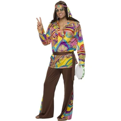 Image of Smiffys Psychedelic Hippie Man Costume, Multi Coloured with Trousers, Shirt, Headband and Belt, 1960&#039;s Groovy Fancy Dress, Adult Dress Up Costumes