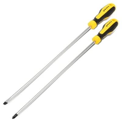 Image of BLOSTM Long Reach Screwdrivers 2 Pack Screwdriver Set Includes Pozidrive and Flat Head Made of Lasting Chrome Vanadium Steel, with Magnetic Tips Ergonomic Handles 300mm