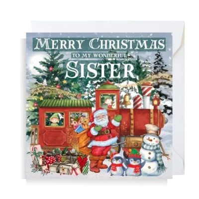 Image of Second Ave Sister Christmas Train Santa Snowman Children&#039;s Kids Square Xmas Holiday Festive Greetings Card