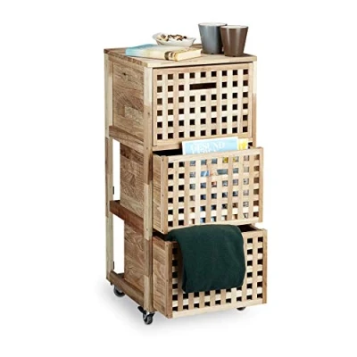 Image of Relaxdays Walnut Rolling Cabinet Wooden File with Wheels &amp; 3 Compartments, 91.5 x 40.4 cm Utensil Storage, Laundry Box Hamper Closet, Natural