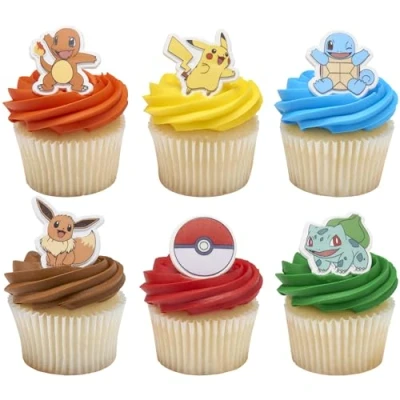 Image of DecoPac Pokémon Rings, Cupcake Decorations With Pikachu, Bulbasaur, Eevee, Charmander, Squirtle, and Poké Ball, Multicolored Food Safe Cake Toppers 24 Pack
