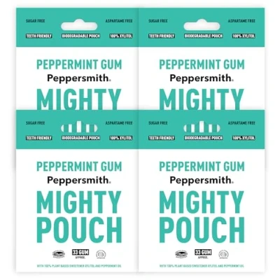 Image of Peppersmith British Peppermint Gum 100% Plant Based Xylitol Breath Freshener Sugar Free Mints Benefits Oral Health Mighty Pouch Pack of 4