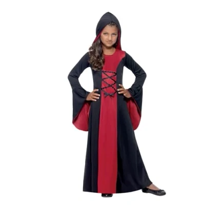 Image of Smiffys Vamp Costume, Red &amp; Black Hooded Dress with Lace Up Detail, Halloween Child Fancy Dress, Vampire Costumes