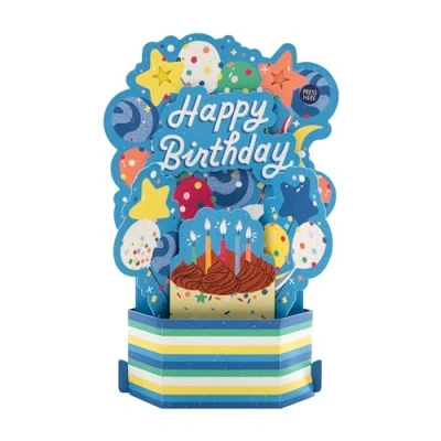 Image of Hallmark Birthday Card, 3D Design, Pop Up Musical, Light Up, Cake, Balloons, Stars, Blue, Yellow, Green
