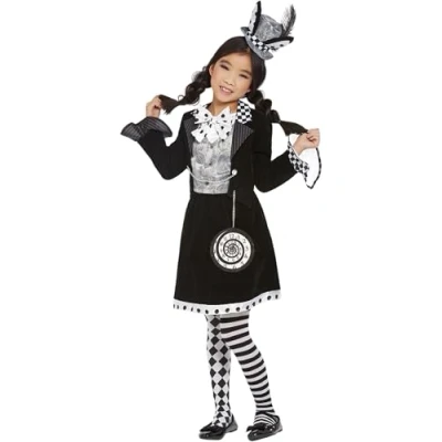 Image of Smiffys Dark Mad Hatter Costume, Black &amp; White Dress Headband, Girls Fancy Dress, Storybook Character Up Costumes