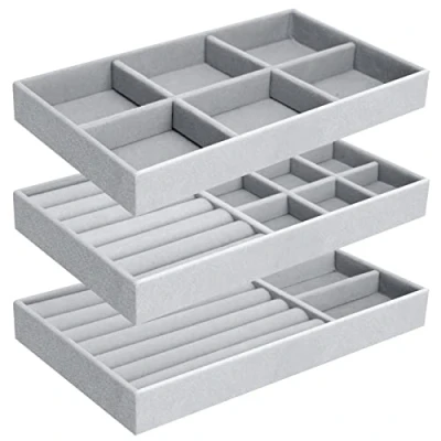 Image of Bigxin 3 Pieces Jewellery Organiser Tray, Velvet Drawer Stackable Jewelry Trays Organizer Removable Display Tray for Earring Ring Necklace Bracelet (3 Types)