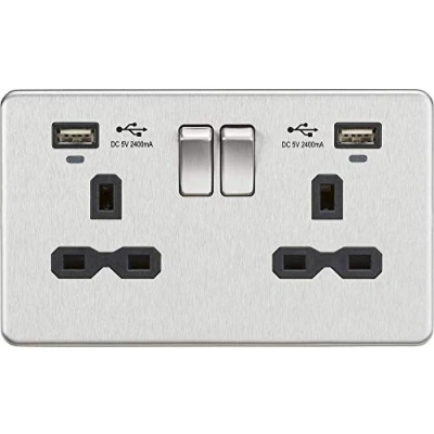 Image of KnightsBridge 13A 2G Switched Sockets, Dual USB (2.4A) with LED Charge Indicators Brushed Chrome Black Insert
