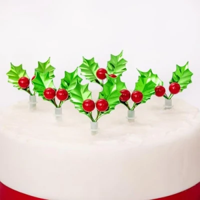 Image of evelay 6 Christmas Cake Toppers Green Red Holly Cupcake Yule Log Decorations (Pack of 6, Green)