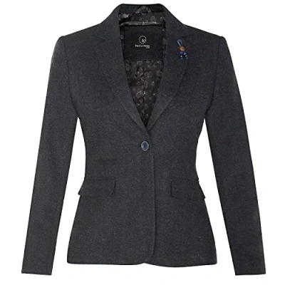 Image of TruClothing Women&#039;s Tweed Navy Blue Herringbone Classic 1920s Formal Wool Tailored Blazer with Elbow Patches 10