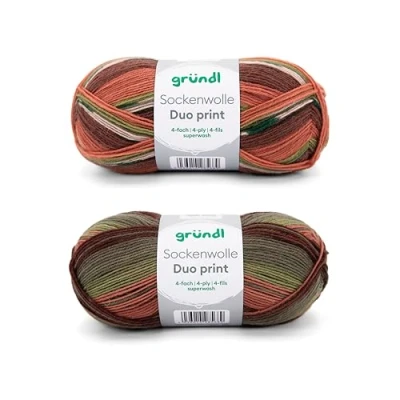 Image of Gründl Sock Wool Duo Knitting Set of 2 x 100 g Yarn (75% Virgin (Superwash), 25% Polyamide) + Instructions (English Language not Guaranteed), Orange/Green/Brown, 200