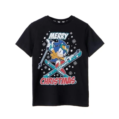 Image of Sonic THE HEDGEHOG Boys Christmas T Shirt Kids Merry Short Sleeve Seasonal Graphic Tee Skiing Black Xmas Top Game Merchandise Gift for Children