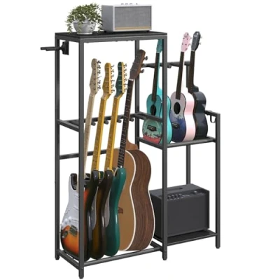 Image of MAHANCRIS Guitar Stand, Multi Rack, for Acoustic, Electric Guitar, Bass, Ukulele, 5 Guitars, AMP with Accessory Holder, EVA Cover, Home Studio, Black AGSHB8501