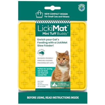 Image of LickiMat Mini Tuff Buddy Cat Food Mat, Slow Feeder for Boredom &amp; Anxiety Relief Cats, Perfect Food, Treats, Yoghurt Peanut Butter, Fun Alternative to a Feeding Bowl, Yellow