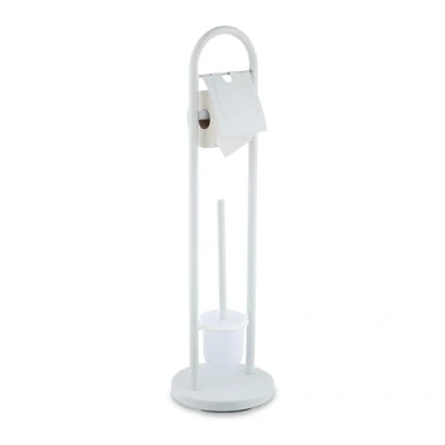 Image of Relaxdays Toilet Roll Holder and Brush Set, Stainless Steel, HxD 79 x 22 cm, Freestanding Bathroom Paper Stand, White, Foam, Plastic