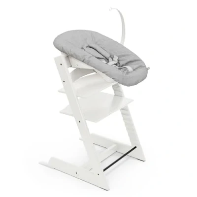Image of Stokke Tripp Trapp Chair (White) with Newborn Set (Grey) Cosy, Safe &amp; Simple to Use for Newborns Up 20 lbs