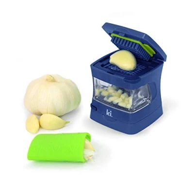 Image of Kitchen Innovations Garlic A Peel Press, Crusher, Cutter, Mincer, and Storage Container Includes Silicone Peeler Easy to Clean Stainless Steel Blades (Blue), standard