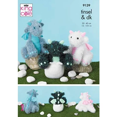 Image of King Cole 9139 Knitting Pattern Toy Baby Dragons in Tinsel Chunky and Big Value DK