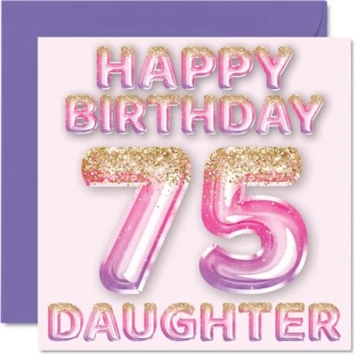 Image of 75th Birthday Card for Daughter Pink &amp; Purple Glitter Balloons Happy Cards 75 Year Old from Mum Dad Parents, 145mm x Bday Greeting Gift