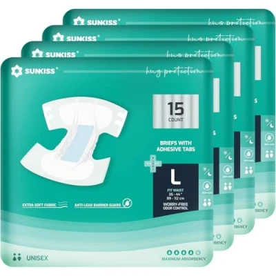 Image of SUNKISS TrustPlus Adult Diapers with Maximum Absorbency, Unisex Disposable Incontinence Briefs Tabs for Men and Women, Odor Control, Large, 60 Count (4 Packs of 15)